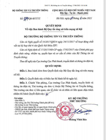 QUYẾT ĐỊNH SỐ 874/QĐ-BTTTT NGÀY 17/6/2021 CỦA BỘ THÔNG TIN VÀ TRUYỀN THÔNG VỀ VIỆC BAN HÀNH BỘ QUY TẮC ỨNG XỬ TRÊN MẠNG XÃ HỘI