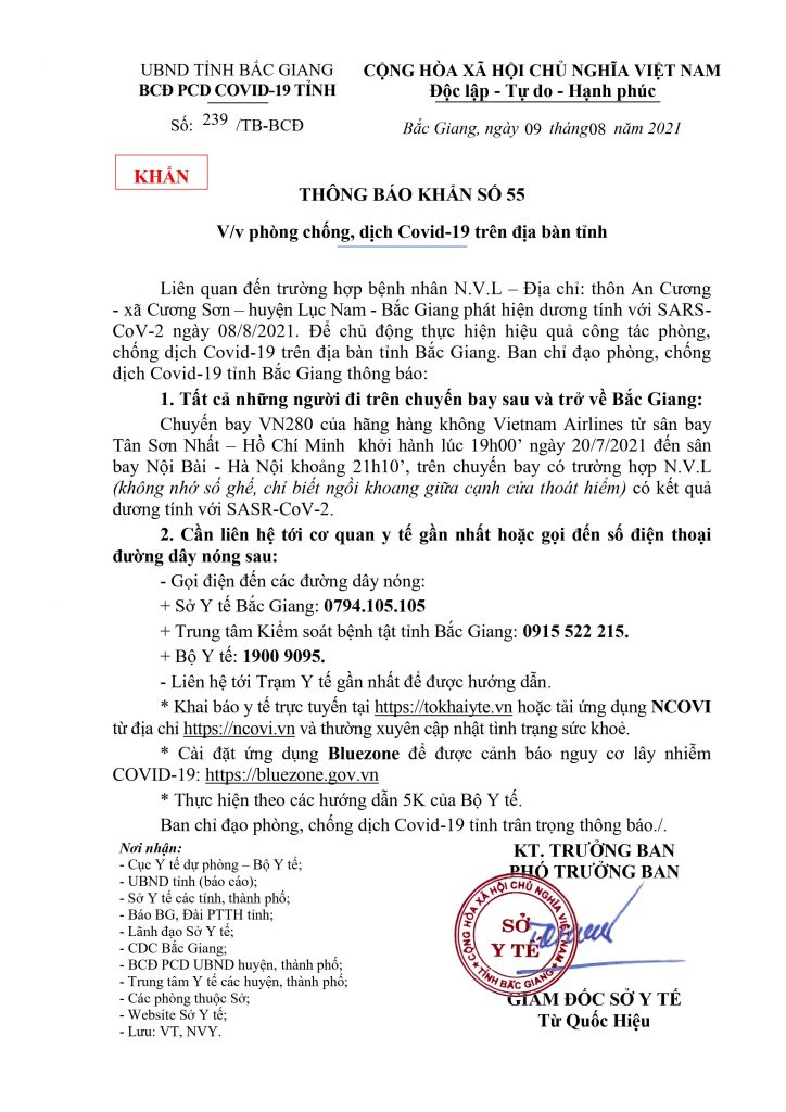 THÔNG BÁO KHẨN SỐ 55 V/v phòng chống, dịch Covid-19