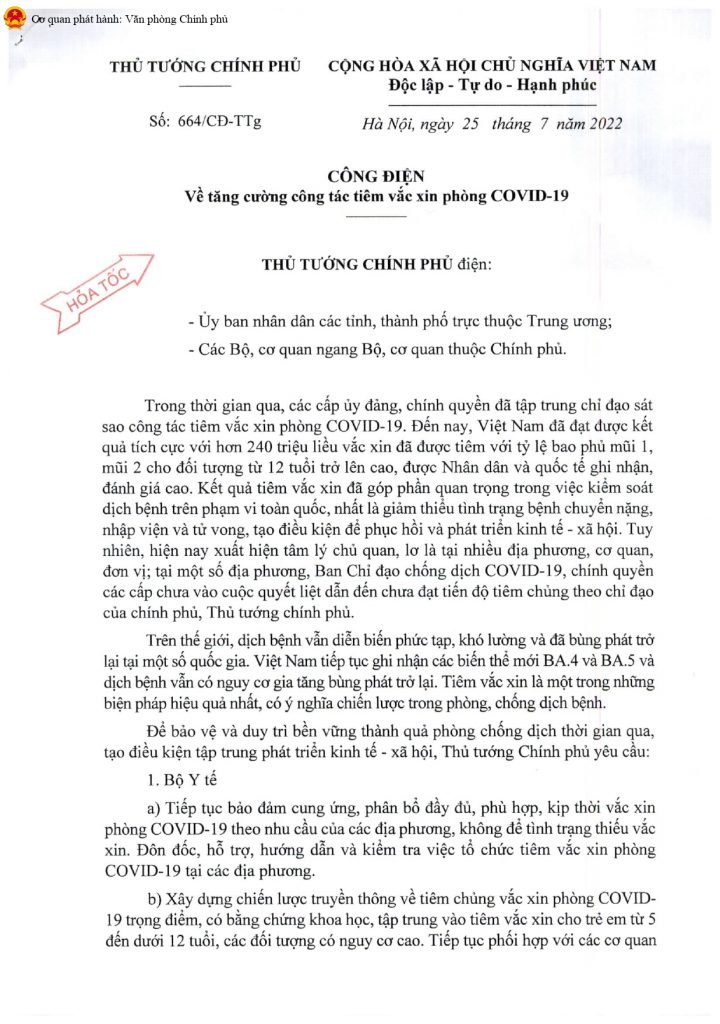 Công điện của Thủ tướng về tăng cường công tác tiêm vaccine phòng COVID-19